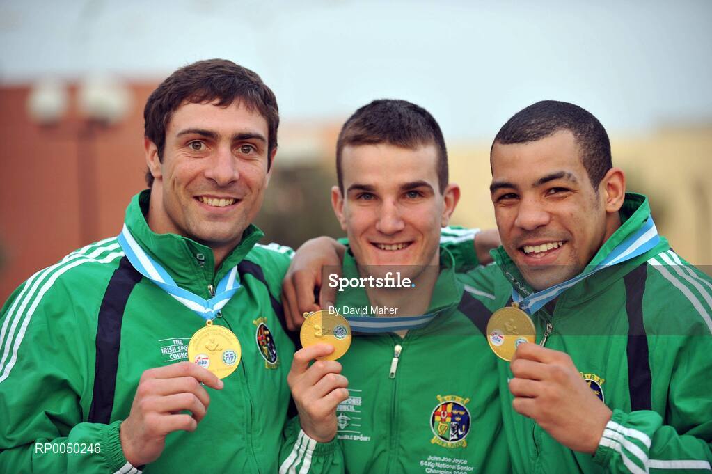 12 April 2008; Ireland’s Kenneth Egan, John Joe Joyce, and Darren Sutherland celebrate after winning  gold medals at the final Olympic Qualifying tournament. Olympic Centre, Nikaia, Athens, Greece. . Picture credit: David Maher / SPORTSFILE
