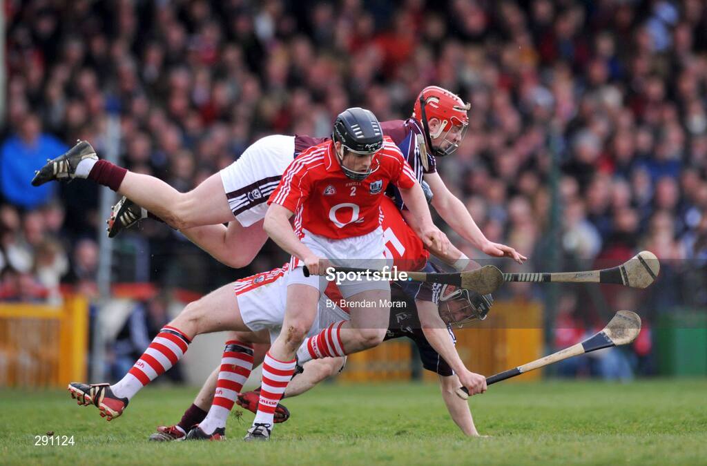 13 April 2008; Joe Canning, Galway, collides with team-mate Niall Healy, 12, and Cork players John Gardiner and Shane O'Neill. Allianz National Hurling League, Division 1, semi-final, Cork v Galway, Gaelic Grounds, Limerick. Picture credit: Brendan Moran / SPORTSFILE