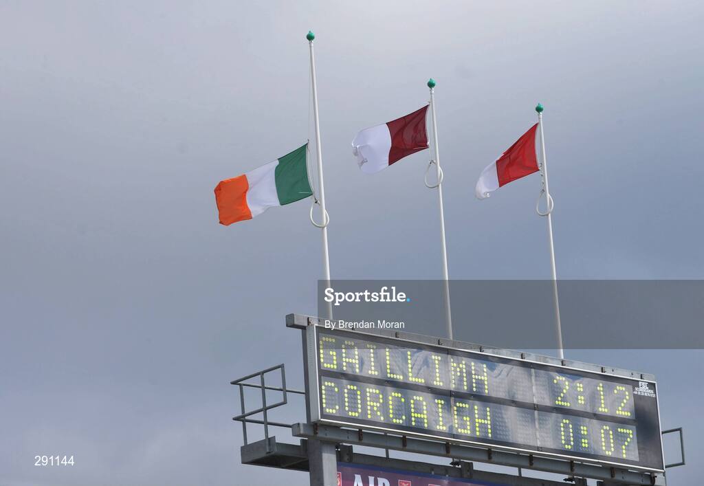 13 April 2008; The Irish tricolour flies at half mast during the game in memory of the late Dr. Patrick Hillery, former President of Ireland. Allianz National Hurling League, Division 1, semi-final, Cork v Galway, Gaelic Grounds, Limerick. Picture credit: Brendan Moran / SPORTSFILE