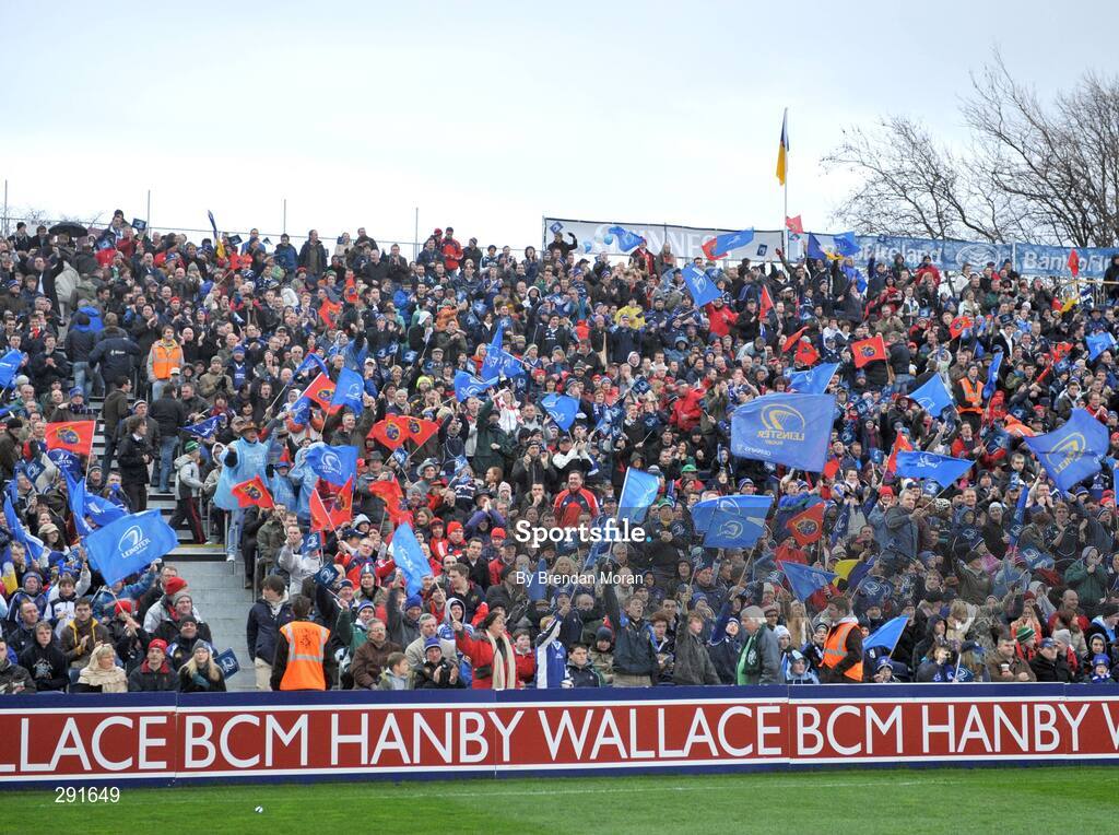 12 April 2008; Leinster and Munster fans wave their flags as they cheer on their side before the start of the game. Magners League, Leinster v Munster, RDS, Ballsbridge, Dublin. Picture credit: Brendan Moran / SPORTSFILE