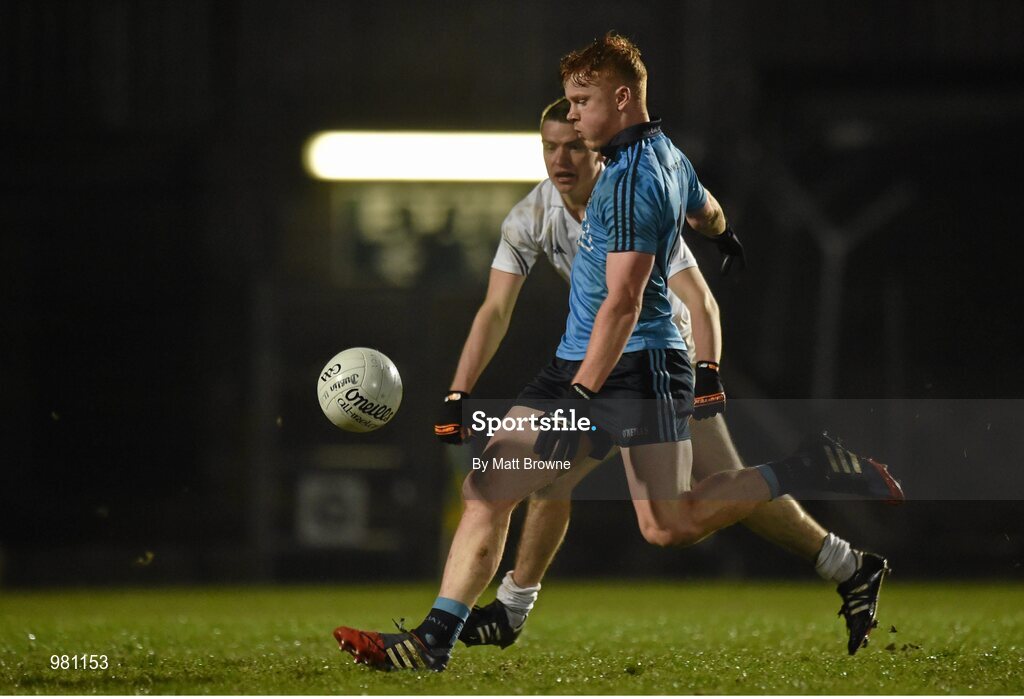 2 April 2015; Conor McHugh, Dublin, in action against Ronan Fitzgibbon, Kildare. EirGrid Leinster U21 Football Championship Final, Dublin v Kildare. Páirc Táilteann, Navan, Co. Meath. Picture credit: Matt Browne / SPORTSFILE