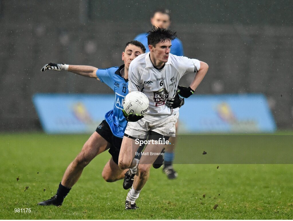 2 April 2015; David Hyland, Kildare, in action against Cormac Costello, Dublin. EirGrid Leinster U21 Football Championship Final, Dublin v Kildare. Páirc Táilteann, Navan, Co. Meath. Picture credit: Matt Browne / SPORTSFILE