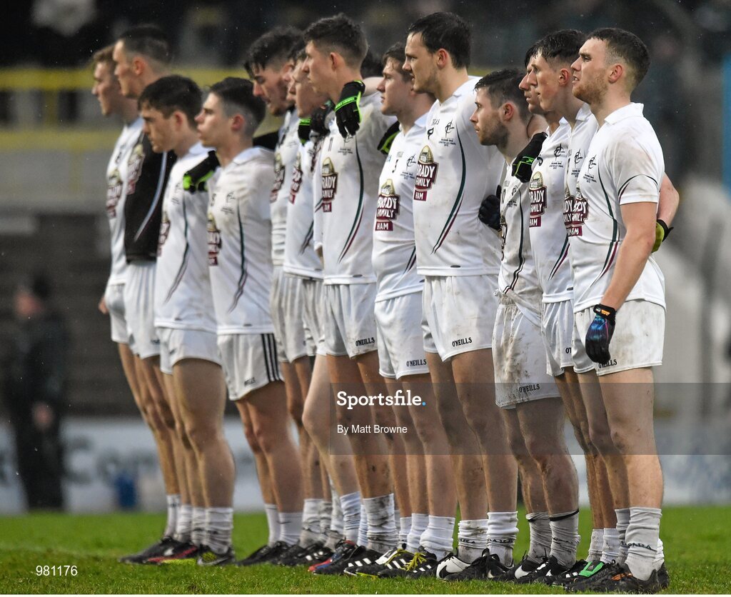 2 April 2015; Kildare players line up for the National Anthem. EirGrid Leinster U21 Football Championship Final, Dublin v Kildare. Páirc Táilteann, Navan, Co. Meath. Picture credit: Matt Browne / SPORTSFILE