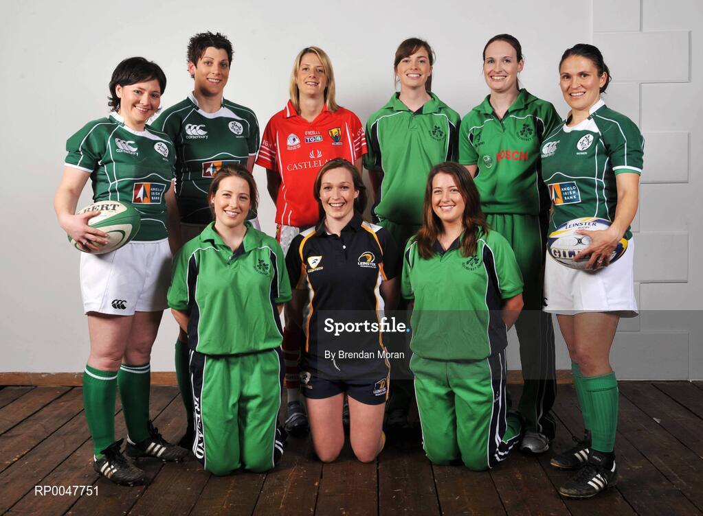 17 April 2008; A new series focusing on Irish women involved in sport at the highest level begins on Setanta Ireland on Monday April 21st next. 'Winning Women' will be broadcast at 9.30pm. The series celebrates young Irish women sports stars and examines life on and off the competitive field. Pictured are, back, from left, Yvonne Nolan and Orla Brennan, Ireland rugby, Juliet Murphy, Cork Ladies Gaelic Football, Jill and Heather Whelan, Ireland cricket and Tania Rosser, Ireland rugby, with front, from left, Cecilia Joyce, Ireland cricket, Caitriona Bergin, Leinster rugby, and Isobel Joyce, Ireland cricket. Digital Exchange, The Digital Hub, Crane Street, Dublin. Picture credit: Brendan Moran / SPORTSFILE