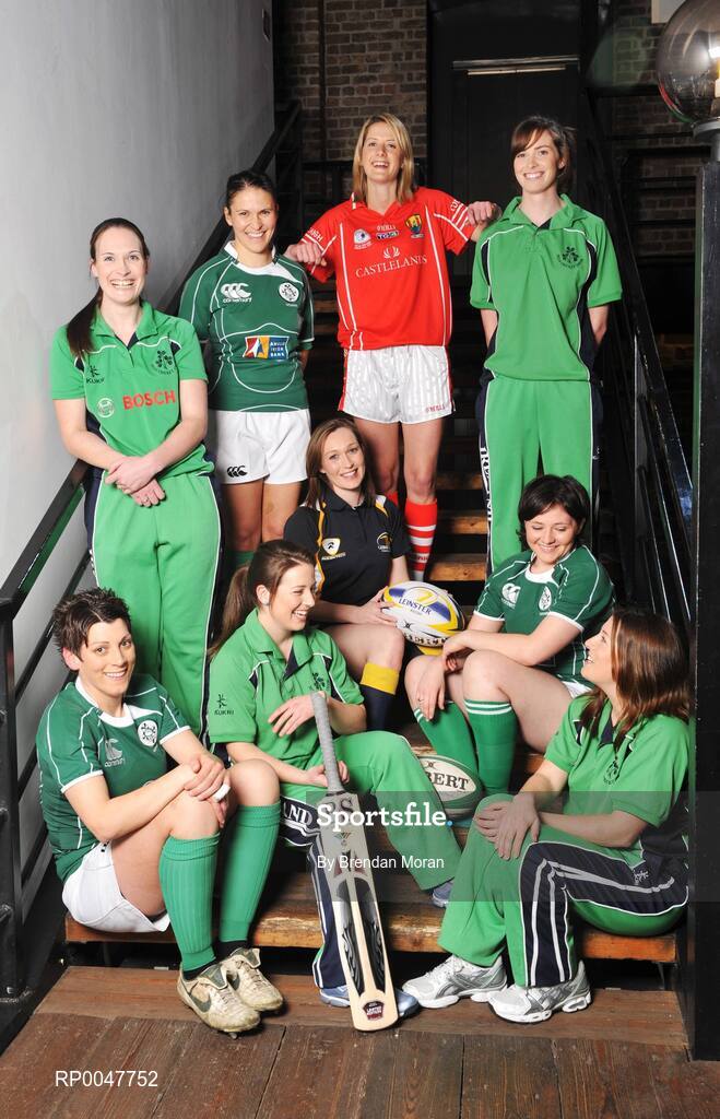 17 April 2008; A new series focusing on Irish women involved in sport at the highest level begins on Setanta Ireland on Monday April 21st next. 'Winning Women' will be broadcast at 9.30pm. The series celebrates young Irish women sports stars and examines life on and off the competitive field. Pictured are, front, from left, Orla Brennan, Ireland rugby, Cecilia Joyce, Ireland cricket, Caitriona Bergin, Leinster rugby, Yvonne Nolan, Ireland rugby and Isobel Joyce, ireland cricket, with back, from left, Heather Whelan, Ireland cricket, Tania Rosser, Ireland rugby, Juliet Murphy, Cork Ladies Gaelic Football and Jill Whelan, Ireland Cricket. Digital Exchange, The Digital Hub, Crane Street, Dublin. Picture credit: Brendan Moran / SPORTSFILE