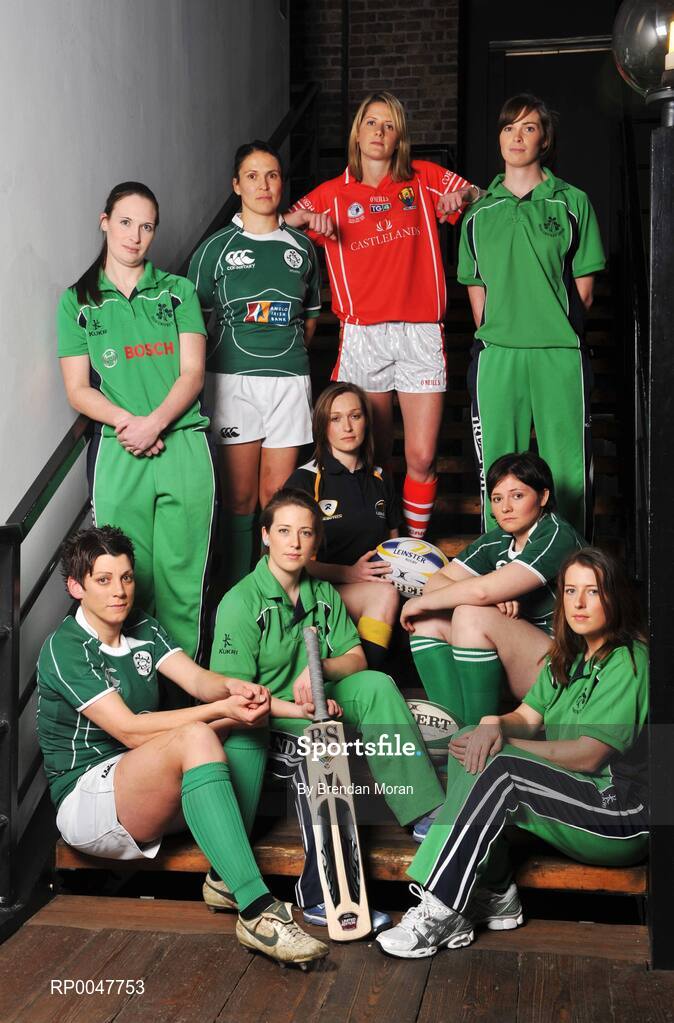 17 April 2008; A new series focusing on Irish women involved in sport at the highest level begins on Setanta Ireland on Monday April 21st next. 'Winning Women' will be broadcast at 9.30pm. The series celebrates young Irish women sports stars and examines life on and off the competitive field. Pictured are, front, from left, Orla Brennan, Ireland rugby, Cecilia Joyce, Ireland cricket, Caitriona Bergin, Leinster rugby, Yvonne Nolan, Ireland rugby and Isobel Joyce, ireland cricket, with back, from left, Heather Whelan, Ireland cricket, Tania Rosser, Ireland rugby, Juliet Murphy, Cork Ladies Gaelic Football and Jill Whelan, Ireland Cricket. Digital Exchange, The Digital Hub, Crane Street, Dublin. Picture credit: Brendan Moran / SPORTSFILE