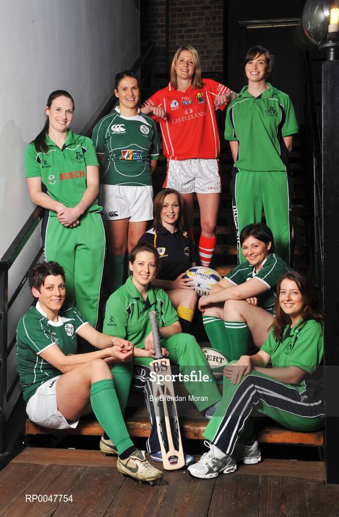 17 April 2008; A new series focusing on Irish women involved in sport at the highest level begins on Setanta Ireland on Monday April 21st next. 'Winning Women' will be broadcast at 9.30pm. The series celebrates young Irish women sports stars and examines life on and off the competitive field. Pictured are, front, from left, Orla Brennan, Ireland rugby, Cecilia Joyce, Ireland cricket, Caitriona Bergin, Leinster rugby, Yvonne Nolan, Ireland rugby and Isobel Joyce, ireland cricket, with back, from left, Heather Whelan, Ireland cricket, Tania Rosser, Ireland rugby, Juliet Murphy, Cork Ladies Gaelic Football and Jill Whelan, Ireland Cricket. Digital Exchange, The Digital Hub, Crane Street, Dublin. Picture credit: Brendan Moran / SPORTSFILE  *** Local Caption ***
