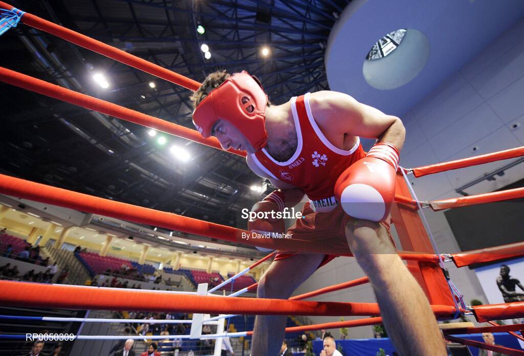 12 April 2008; Ireland's Kenneth Egan, Light Heavy weight 91kg, enters the ring for his bout with Kennedy Katende, Sweden, at the final Olympic Qualifying tournament. Olympic Centre, Nikaia, Athens, Greece. Picture credit: David Maher / SPORTSFILE