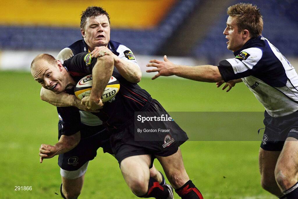 18 April 2008; Calum Macrae, Edinburgh Rugby, is tackled by Brian O'Driscoll and Luke Fitzgerald, right, Leinster. Magners League, Edinburgh Rugby v Leinster, Murrayfield, Edinburgh, Scotland. Picture credit: Gordon Fraser / SPORTSFILE