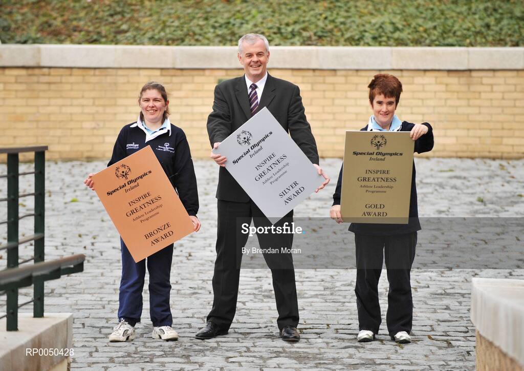 18 April 2008; At the announcement that Accenture is to sponsor the Special Olympics Athlete Leadership Programme (ALPs) are Special Olympics athletes, Aisling Beacom, left, from Wicklow and Susan Murray, from Terenure, Dublin, with Mark Ryan, Country Managing Director, Accenture, Ireland. Through ALPs, with the support of a mentor, athletes are encouraged to become involved in leadership roles and train in areas such as public speaking and presentation skills, volunteering, coaching and governance. Accenture, Grand Canal Plaza, Upper Grand Canal Street, Dublin. Picture credit: Brendan Moran / SPORTSFILE