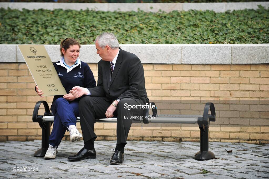18 April 2008; At the announcement that Accenture is to sponsor the Special Olympics Athlete Leadership Programme (ALPs) is Special Olympics athlete Aisling Beacom, from Wicklow with Mark Ryan, Country Managing Director, Accenture, Ireland. Through ALPs, with the support of a mentor, athletes are encouraged to become involved in leadership roles and train in areas such as public speaking and presentation skills, volunteering, coaching and governance. Accenture, Grand Canal Plaza, Upper Grand Canal Street, Dublin. Picture credit: Brendan Moran / SPORTSFILE