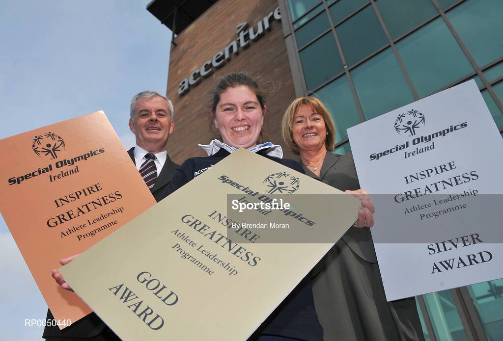 18 April 2008; At the announcement that Accenture is to sponsor the Special Olympics Athlete Leadership Programme (ALPs) is Special Olympics athlete Aisling Beacom, from Wicklow with Mark Ryan, Country Managing Director, Accenture, Ireland and Mary Davis, CEO, Special Olympics Ireland. Through ALPs, with the support of a mentor, athletes are encouraged to become involved in leadership roles and train in areas such as public speaking and presentation skills, volunteering, coaching and governance. Accenture, Grand Canal Plaza, Upper Grand Canal Street, Dublin. Picture credit: Brendan Moran / SPORTSFILE