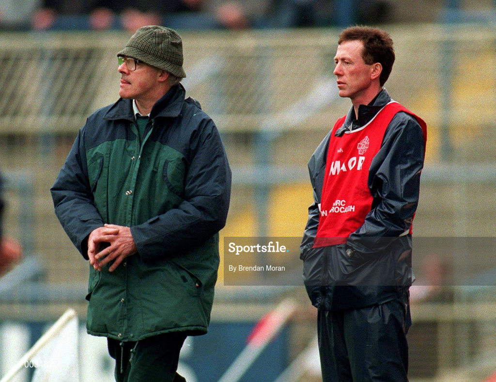 16 April 1995; Tyrone joint manager Eugene McKenna, right, and Art McRory during the Church & General National Football League Quarter-Final match between Tyrone and Kerry at Croke Park in Dublin. Photo by Brendan Moran/Sportsfile