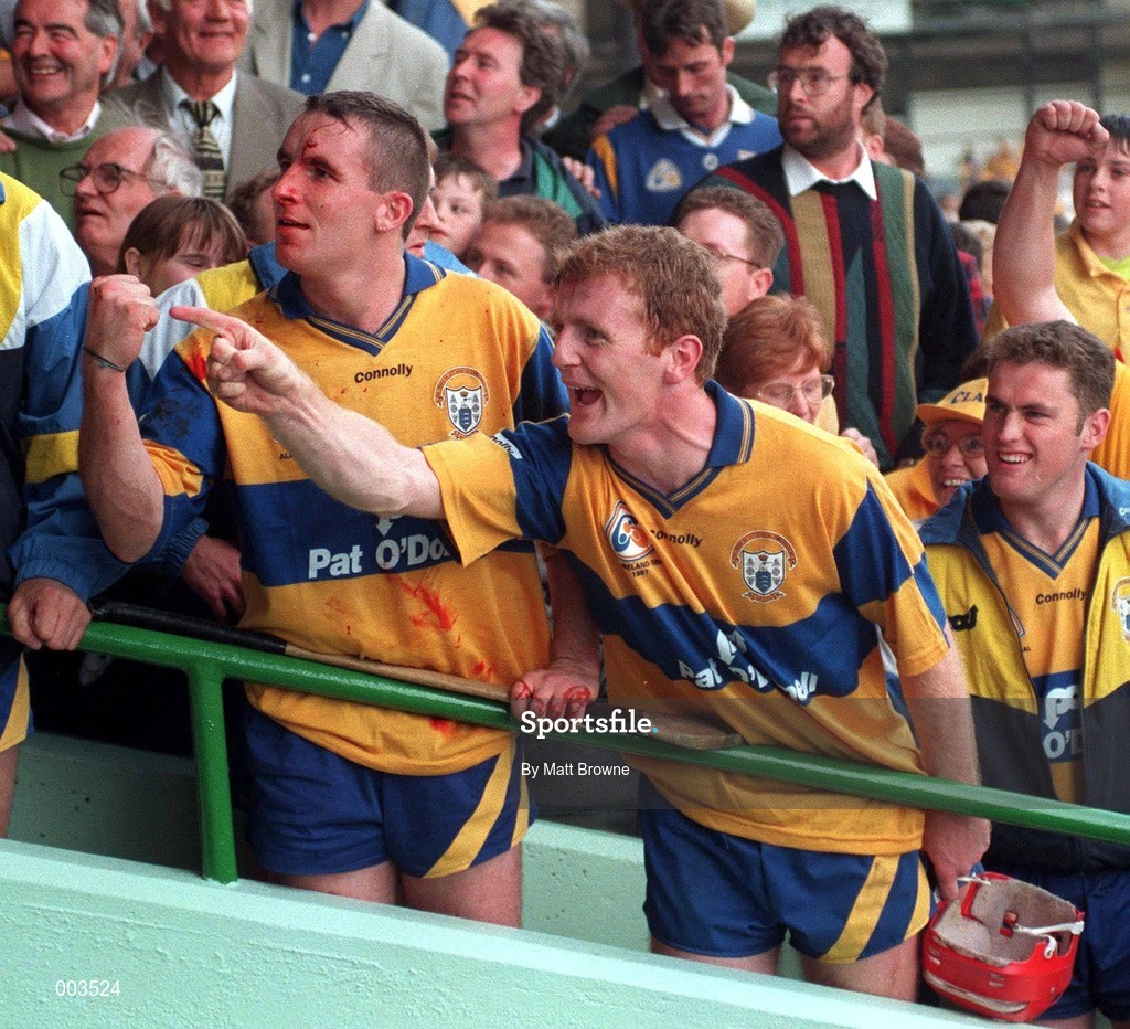 14 September 1997; Colin Lynch, left, and Brian Lohan of Clare celebrate after the Guinness All Ireland Hurling Final match between Clare and Tipperary at Croke Park in Dublin. Photo by Matt Browne/Sportsfile