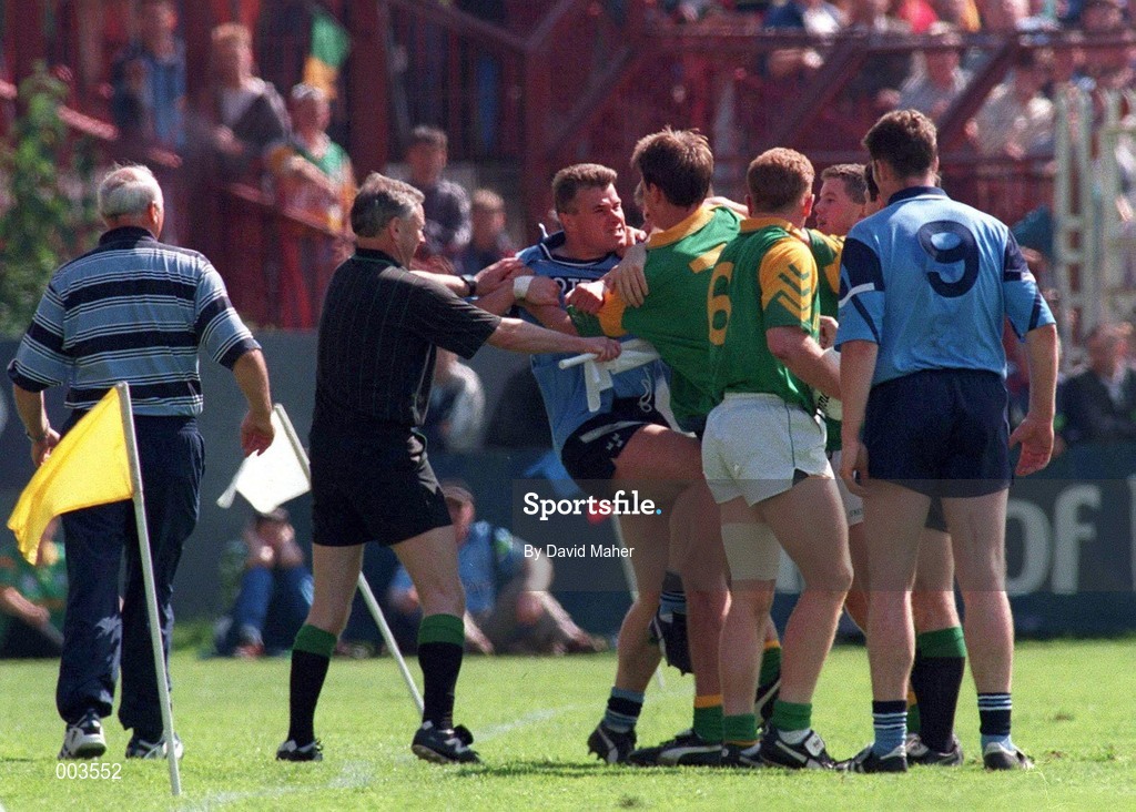 15 June 1997; Charlie Redmond of Dublin is involved in a tussle with Darren Fay of Meath during the GAA Senior Football Championship Quarter-Final match between Meath and Dublin at Croke Park in Dublin. Photo by David Maher/Sportsfile