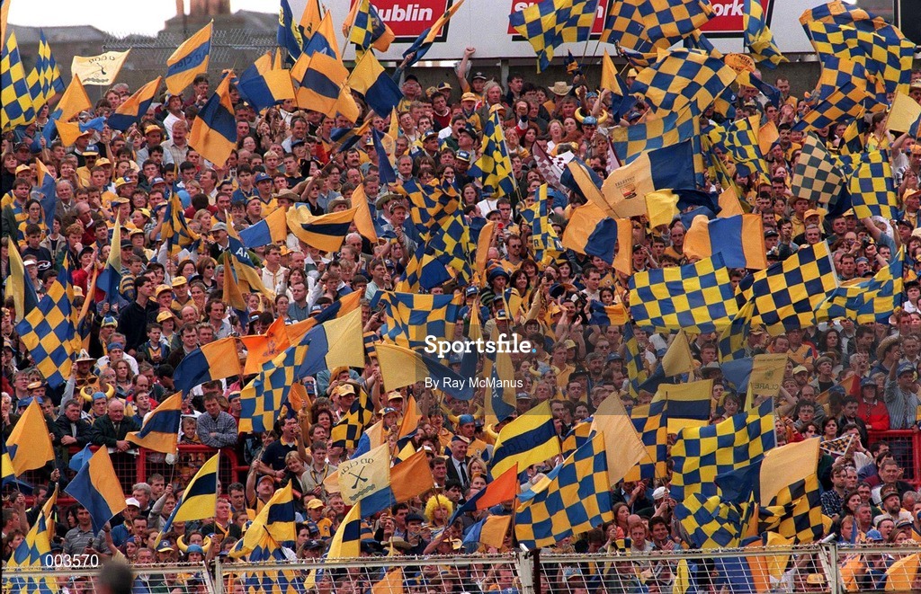 14 September 1997; Clare fans in the Canal End during the Guinness All Ireland Hurling Final match between Clare and Tipperary at Croke Park in Dublin. Photo by Ray McManus/Sportsfile