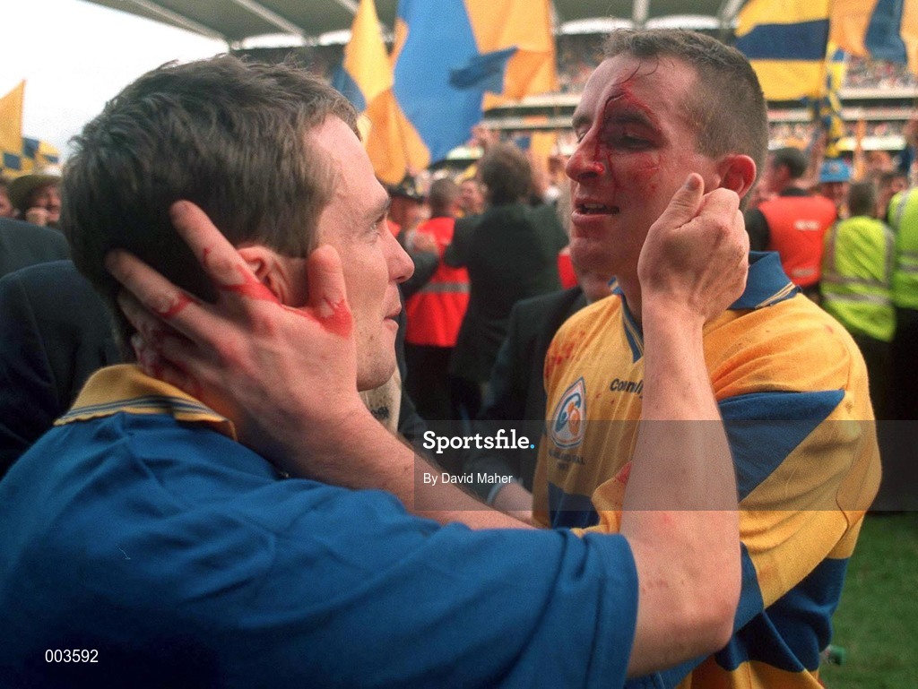 14 September 1997; Davy Fitzgerald of Clare celebrates with team-mate Colin Lynch after the Guinness All Ireland Hurling Final match between Clare and Tipperary at Croke Park in Dublin. Photo by David Maher/Sportsfile