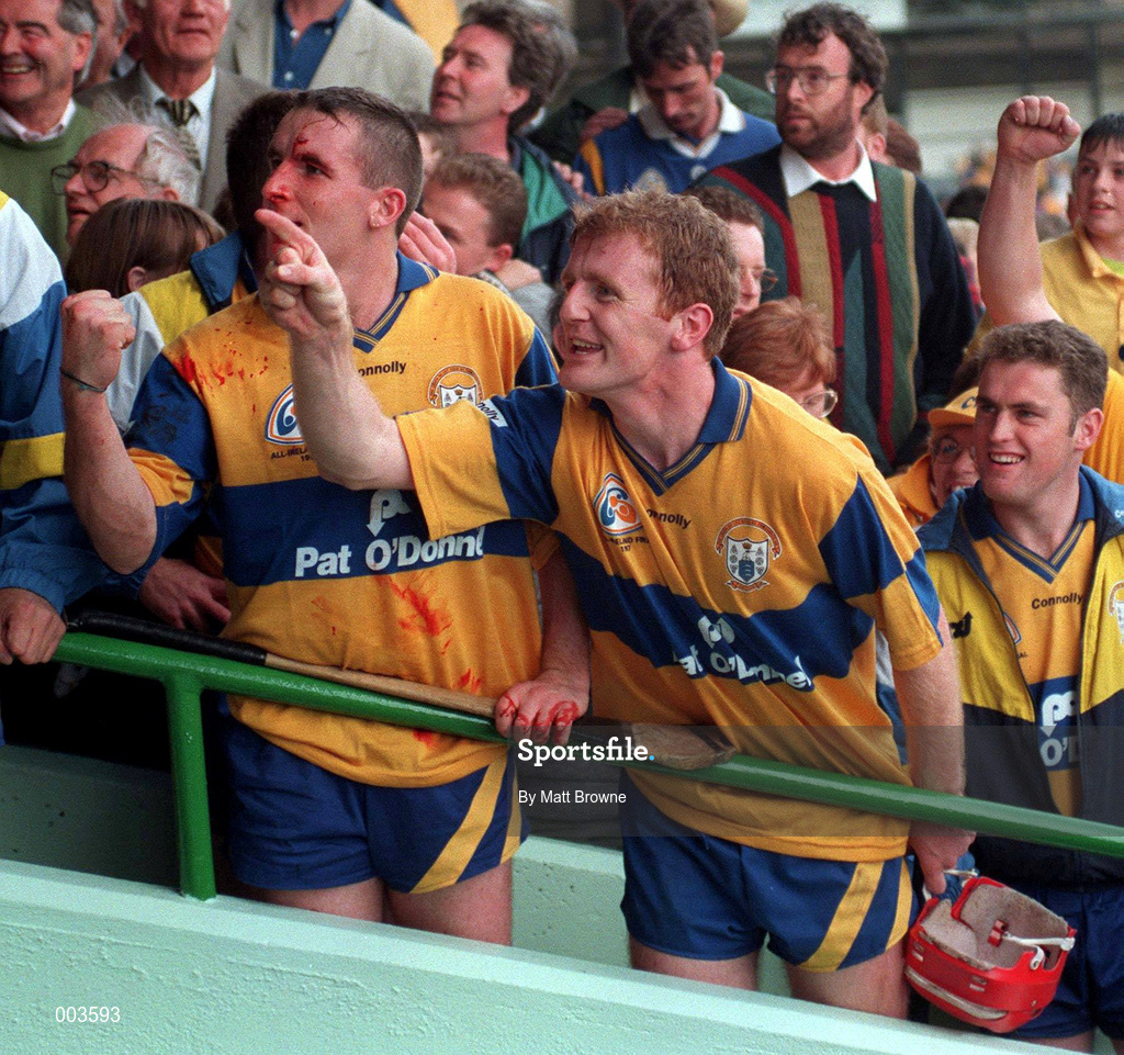 14 September 1997; Brian Lohan and Colin Lynch of Clare celebrate following the Guinness All-Ireland Senior Hurling Championship Final between Clare and Tipperary at Croke Park in Dublin. Photo by Matt Browne/Sportsfile