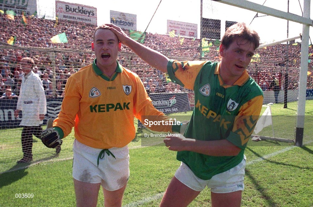 15 June 1997; Conor Martin, left, and Darren Fay of Meath celebrate after the GAA Senior Football Championship Quarter-Final match between Meath and Dublin at Croke Park in Dublin. Photo by Brendan Moran/Sportsfile