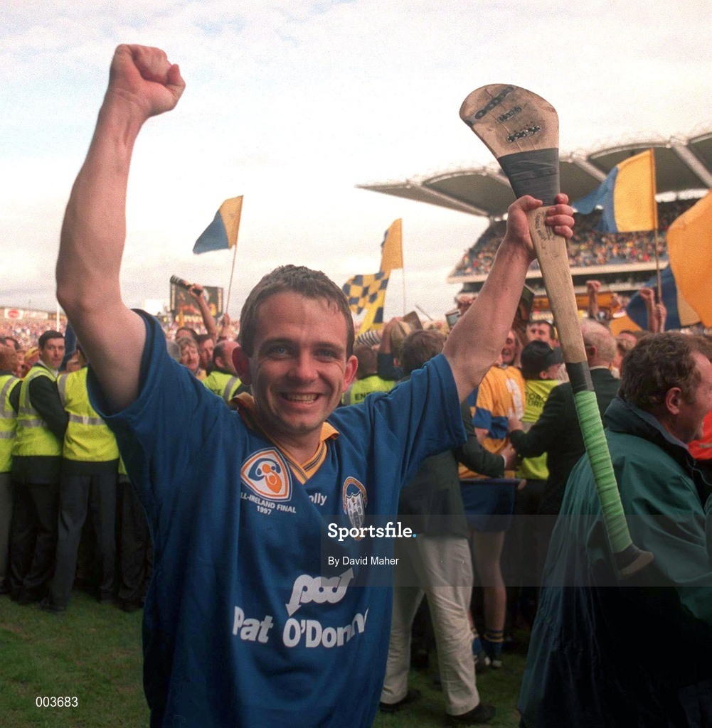 14 September 1997; Davy Fitzgerald of Clare celebrates after the Guinness All Ireland Hurling Final match between Clare and Tipperary at Croke Park in Dublin. Photo by David Maher/Sportsfile