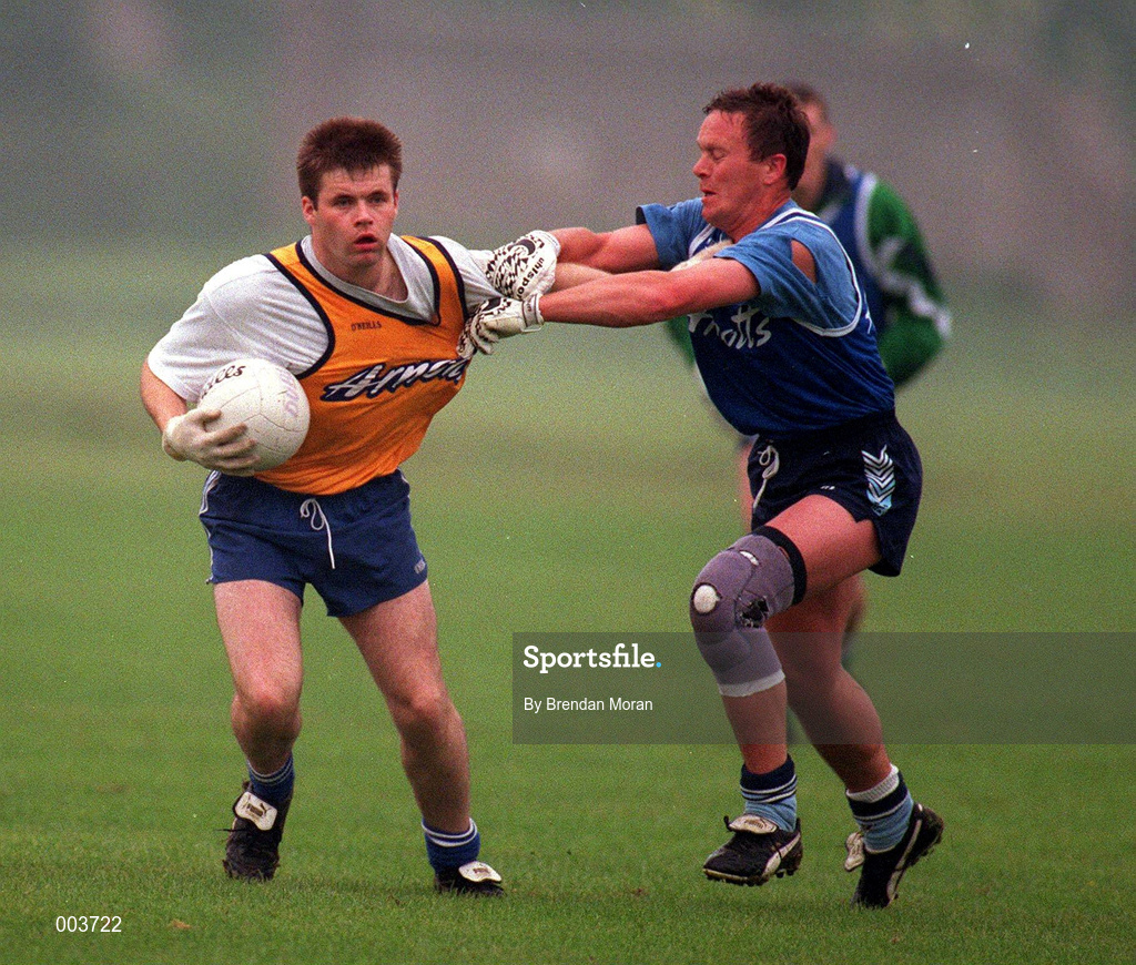 10 June 1997; Dessie Farrell in action against Johnny Barr during a Dublin GAA Senior Football Training Session in Santry, Dublin. Photo by Brendan Moran/Sportsfile