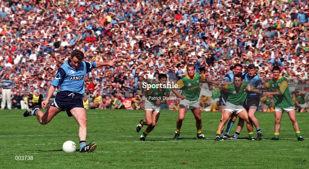 15 June 1997; Paul Bealin of Dublin takes a penalty, which he subsequently missed resulting in victory for Meath, during the GAA Senior Football Championship Quarter-Final match between Meath and Dublin at Croke Park in Dublin. Photo by Patrick Donald/Sportsfile
