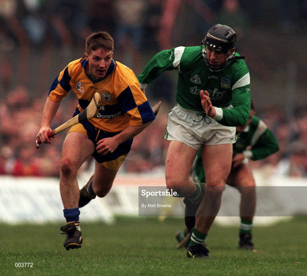 22 March 1998; Jamesie O'Connor of Clare in action against Owen O'Neill of Limerick during the Church & General National Hurling League Division 1A match between Limerick and Clare at the Gaelic Grounds in Limerick. Photo by Matt Browne/Sportsfile