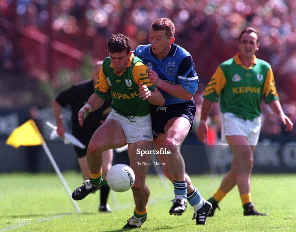 15 June 1997; Evan Kelly of Meath in action against Eamonn Heery of Dublin during the GAA Senior Football Championship Quarter-Final match between Meath and Dublin at Croke Park in Dublin. Photo by David Maher/Sportsfile