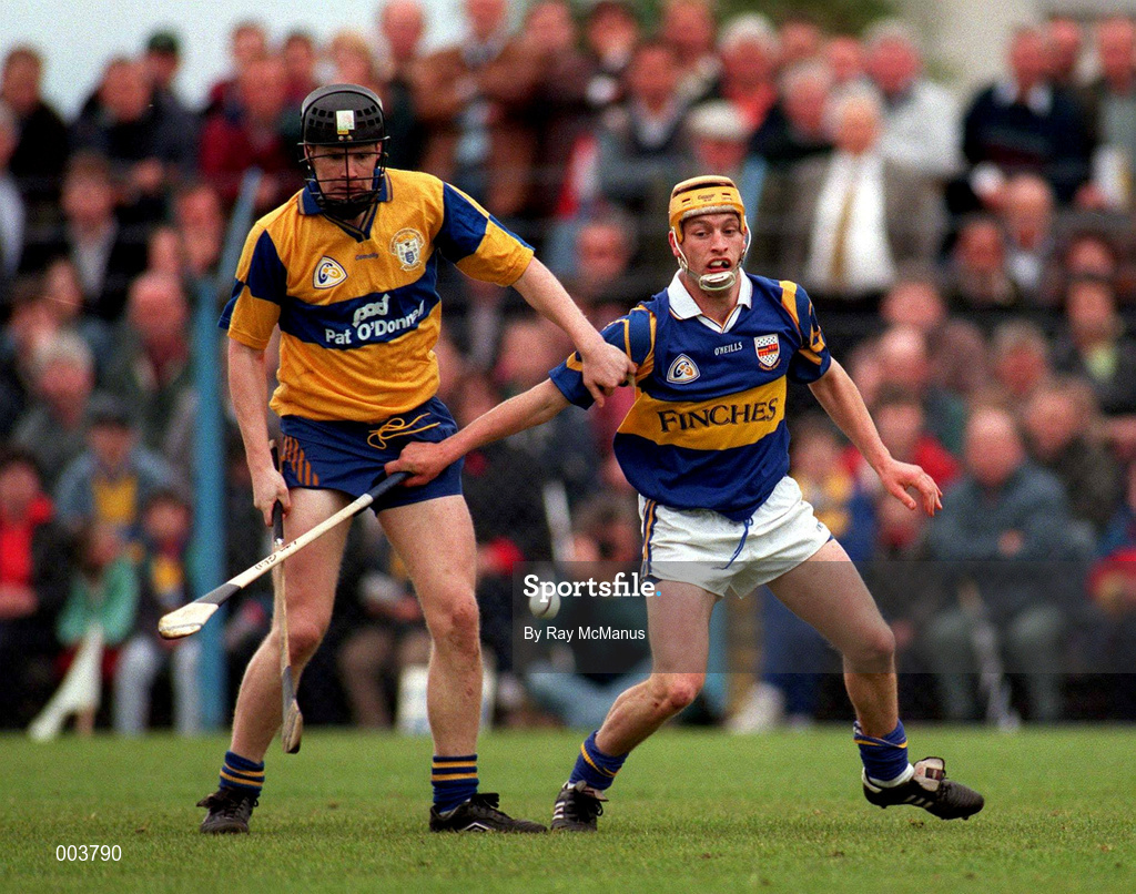 10 May 1997; Frank Lohan of Clare in action against Liam Cahill of Tipperary during the National Hurling League Division 1 match between Clare and Tipperary at Cusack Park in Ennis. Photo by Ray McManus/Sportsfile