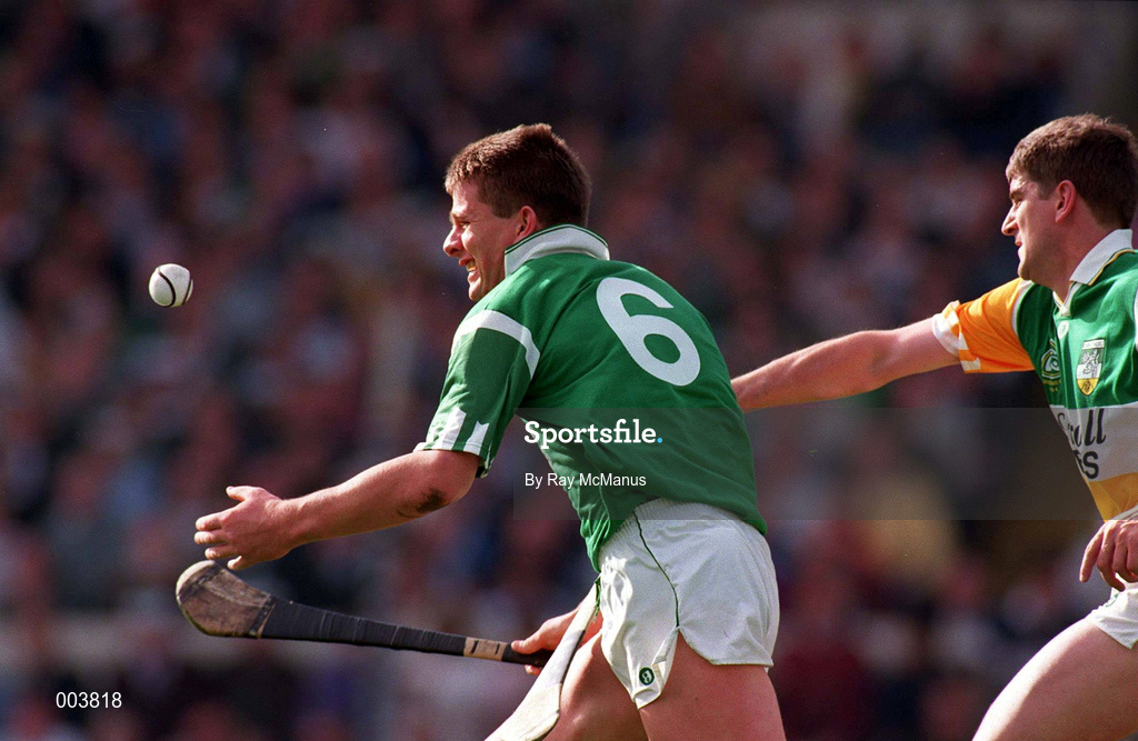 4 September 1994; Ger Hegarty of Limerick in action against Michael Duignan of Offaly during the All-Ireland Senior Hurling Championship Final match between Limerick and Offaly at Croke Park in Dublin. Photo by Ray McManus/Sportsfile