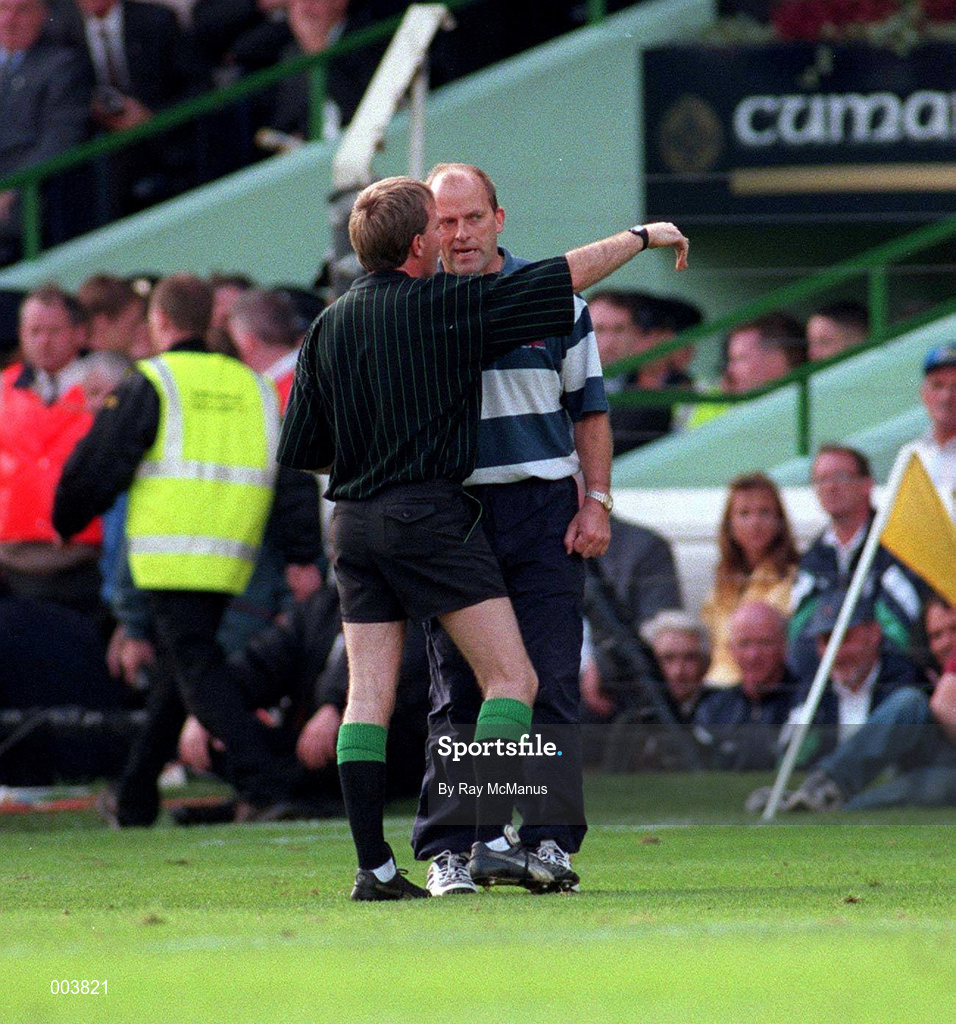 14 September 1997; Referee Dickie Murphy, left, instructs Clare manager Ger Loughnane to leave the field during the Guinness All-Ireland Senior Hurling Championship Final between Clare and Tipperary at Croke Park in Dublin. Photo by Ray McManus/Sportsfile