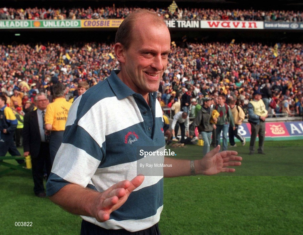 14 September 1997; Clare manager Ger Loughnane celebrates after the Guinness All Ireland Hurling Final match between Clare and Tipperary at Croke Park in Dublin. Photo by Ray McManus/Sportsfile