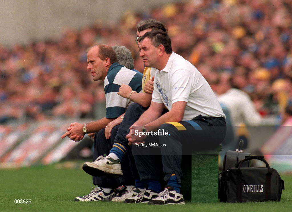 14 September 1997; Clare manager Ger Loughnane, left, sitting on the temporary bench during the Guinness All-Ireland Senior Hurling Championship Final between Clare and Tipperary at Croke Park in Dublin. Photo by Ray McManus/Sportsfile