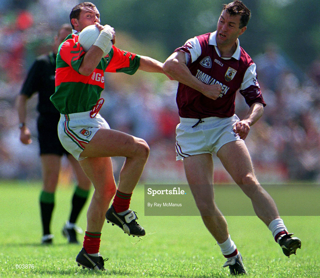 25 May 1997; Kenneth Mortimer of Mayo in action against Val Daly of Galway during the GAA Football Senior Championship Quarter-Final match between Galway and Mayo at Tuam Stadium in Tuam, Galway. Photo by Ray McManus/Sportsfile