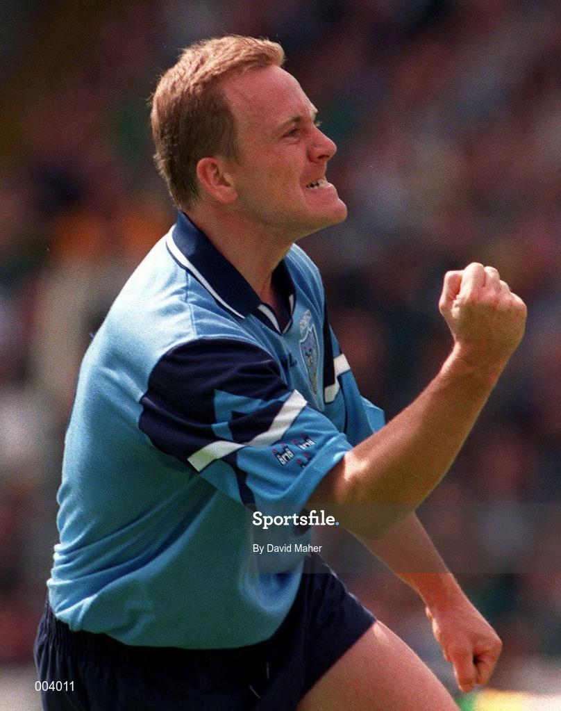 15 June 1997; Keith Barr of Dublin celebrates his side's goal during the GAA Senior Football Championship Quarter-Final match between Meath and Dublin at Croke Park in Dublin. Photo by David Maher/Sportsfile