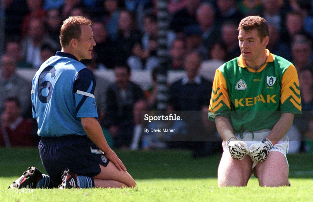 15 June 1997; Keith Barr, left, of Dublin and Tommy Dowd of Meath after the GAA Senior Football Championship Quarter-Final match between Meath and Dublin at Croke Park in Dublin. Photo by David Maher/Sportsfile
