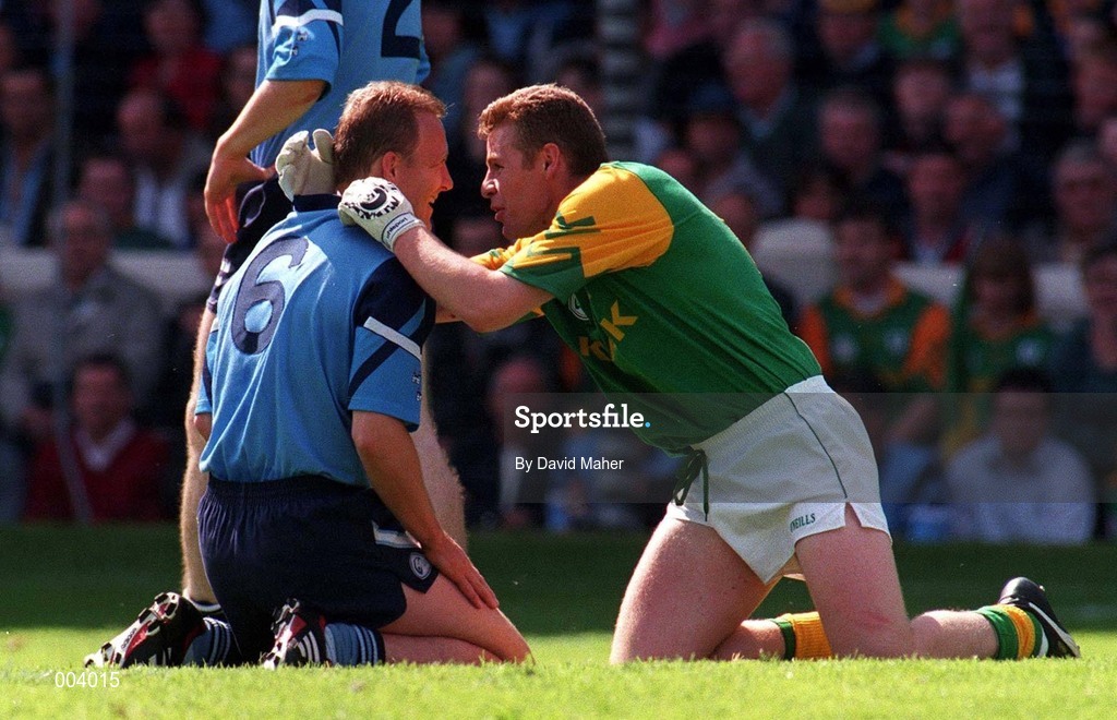 15 June 1997; Keith Barr, left, of Dublin and Tommy Dowd of Meath after the GAA Senior Football Championship Quarter-Final match between Meath and Dublin at Croke Park in Dublin. Photo by David Maher/Sportsfile