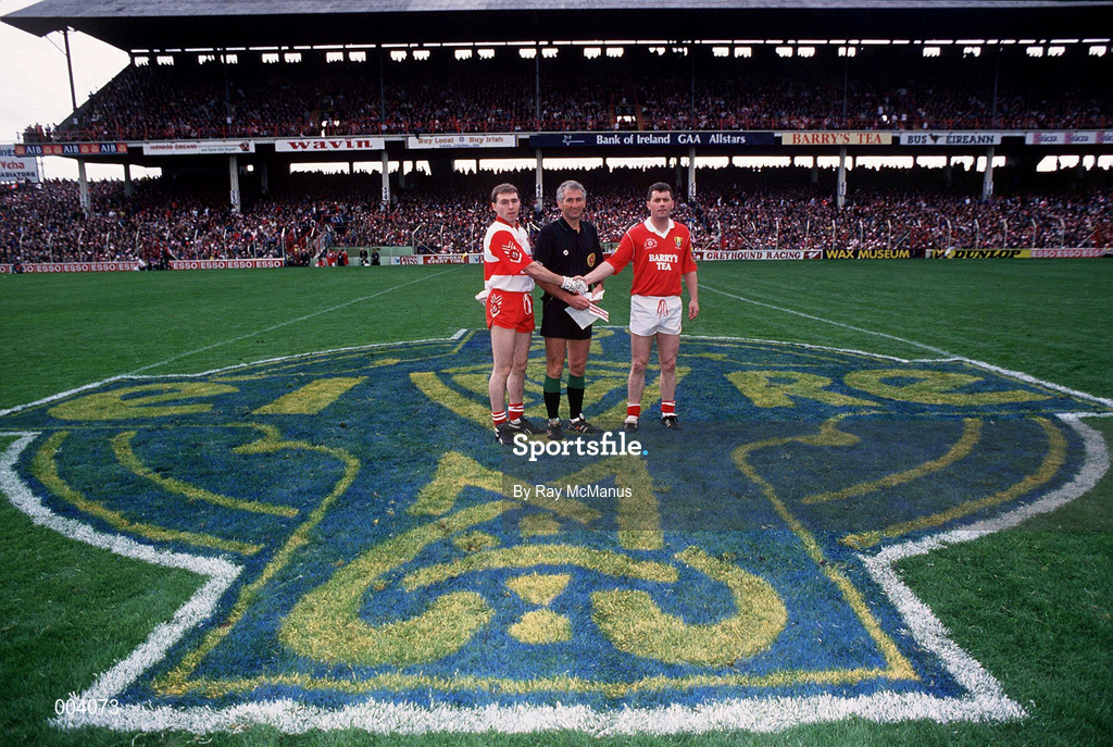 19 September 1993; Cork captain Mick McCarthy with match referee Tommy Howard of Kildare and Derry captain Henry Downey prior to the All-Ireland Senior Football Championship Final match between Derry and Cork at Croke Park in Dublin. Photo by Ray McManus/Sportsfile