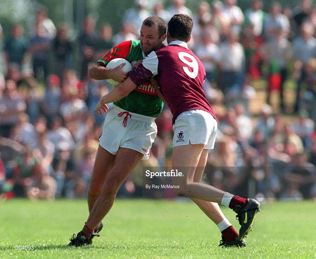 25 May 1997; Liam McHale of Mayo in action against Sean O'Domhnaill of Galway during the GAA Football Senior Championship Quarter-Final match between Galway and Mayo at Tuam Stadium in Tuam, Galway. Photo by Ray McManus/Sportsfile