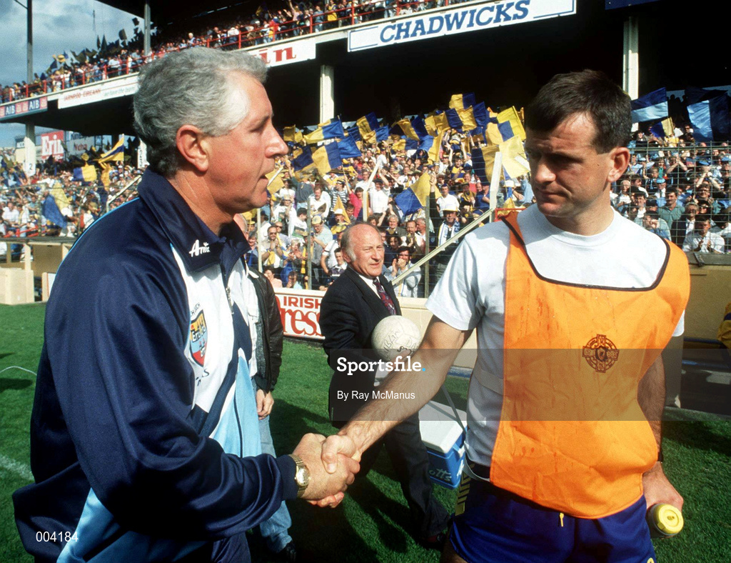 23 August 1992; Dublin manager Paddy Cullen shakes hands with Clare manager John Maughan following the All-Ireland Senior Football Championship Semi-Final match between Dublin and Clare at Croke Park in Dublin. Photo by Ray McManus/Sportsfile