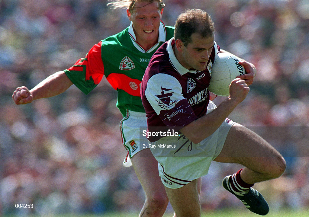 25 May 1997; Ray Silke of Galway in action against Ciaran McDonald of Mayo during the GAA Football Senior Championship Quarter-Final match between Galway and Mayo at Tuam Stadium in Tuam, Galway. Photo by Ray McManus/Sportsfile
