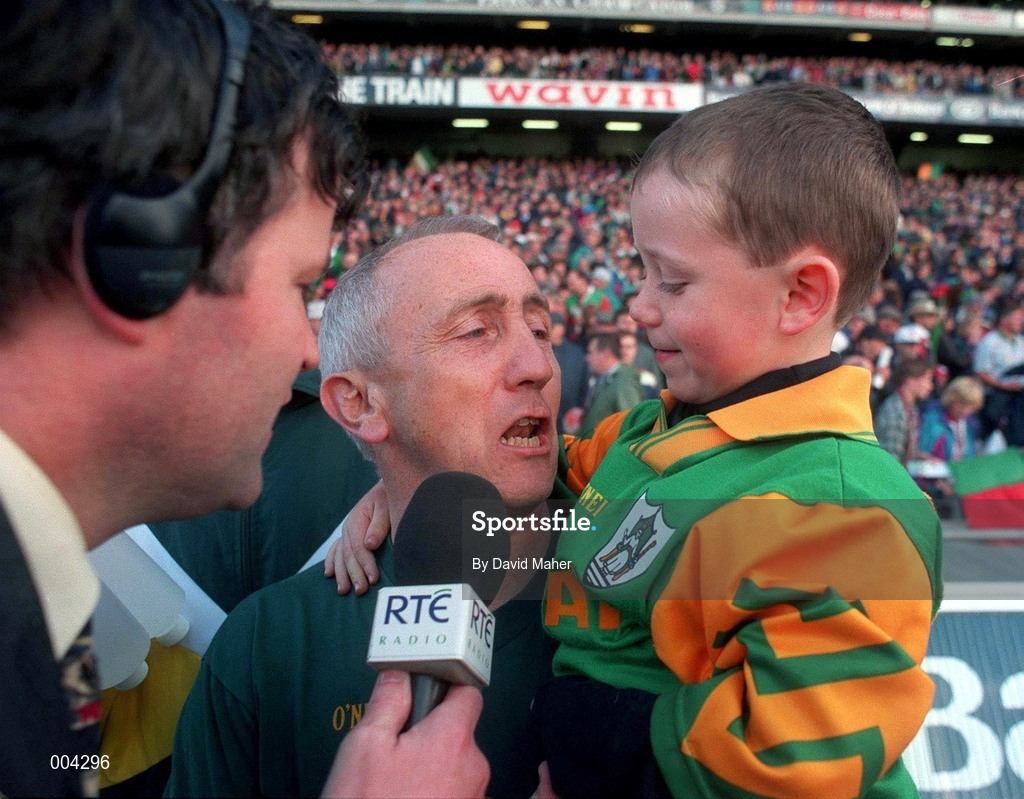 29 September 1996; Meath manager Sean Boylan, with his son, is  interviewed by Brian Carthy after the final whistle of the All-Ireland Football Final Replay maych between Meath and Mayo at Croke Park in Dublin. Photo by David Maher/Sportsfile