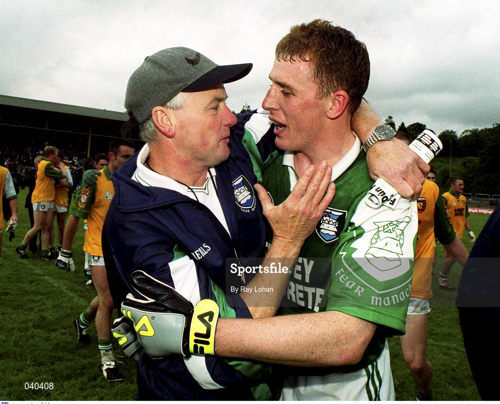11 June 2000; Fermanagh manager Pat King, left, and Paul Brewster celebrate after the Bank of Ireland Ulster Senior Football Championship Quarter-Final match between Donegal and Fermanagh at MacCumhaill Park in Ballybofey, Donegal. Photo by Ray Lohan/Sportsfile