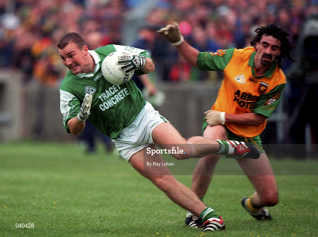 2 July 2000; Shane King of Fermanagh in action against Jim McGuinness of Donegal during the Bank of Ireland Ulster Senior Football Championship Quarter-Final match between Donegal and Fermanagh at MacCumhaill Park in Ballybofey, Donegal. Photo by Ray Lohan/Sportsfile