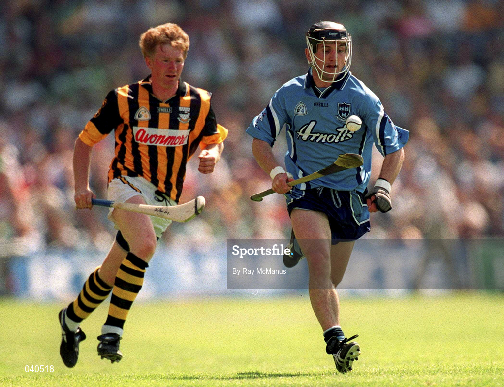 18 June 2000; David Sweeney of Dublin in action against John Power of Kilkenny during the Guinness Leinster Senior Hurling Championship Semi-Final match between Kilkenny and Dublin at Croke Park in Dublin. Photo by Ray McManus/Sportsfile