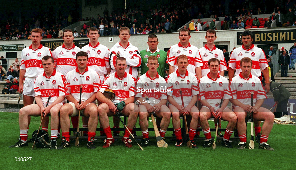 11 June 2000; The Derry team prior to the Guinness Ulster Senior Hurling Championship Semi-Final between Derry and Down at Casement Park in Belfast, Antrim. Photo by Aoife Rice/Sportsfile