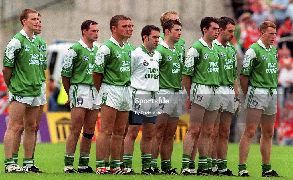 25 June 2000; The Fermanagh team stand for Amhrán na bhFiann prior to the Bank of Ireland Ulster Senior Football Championship Semi-Final match between Armagh and Fermanagh at St Tiernach's Park in Clones, Monaghan. Photo by David Maher/Sportsfile
