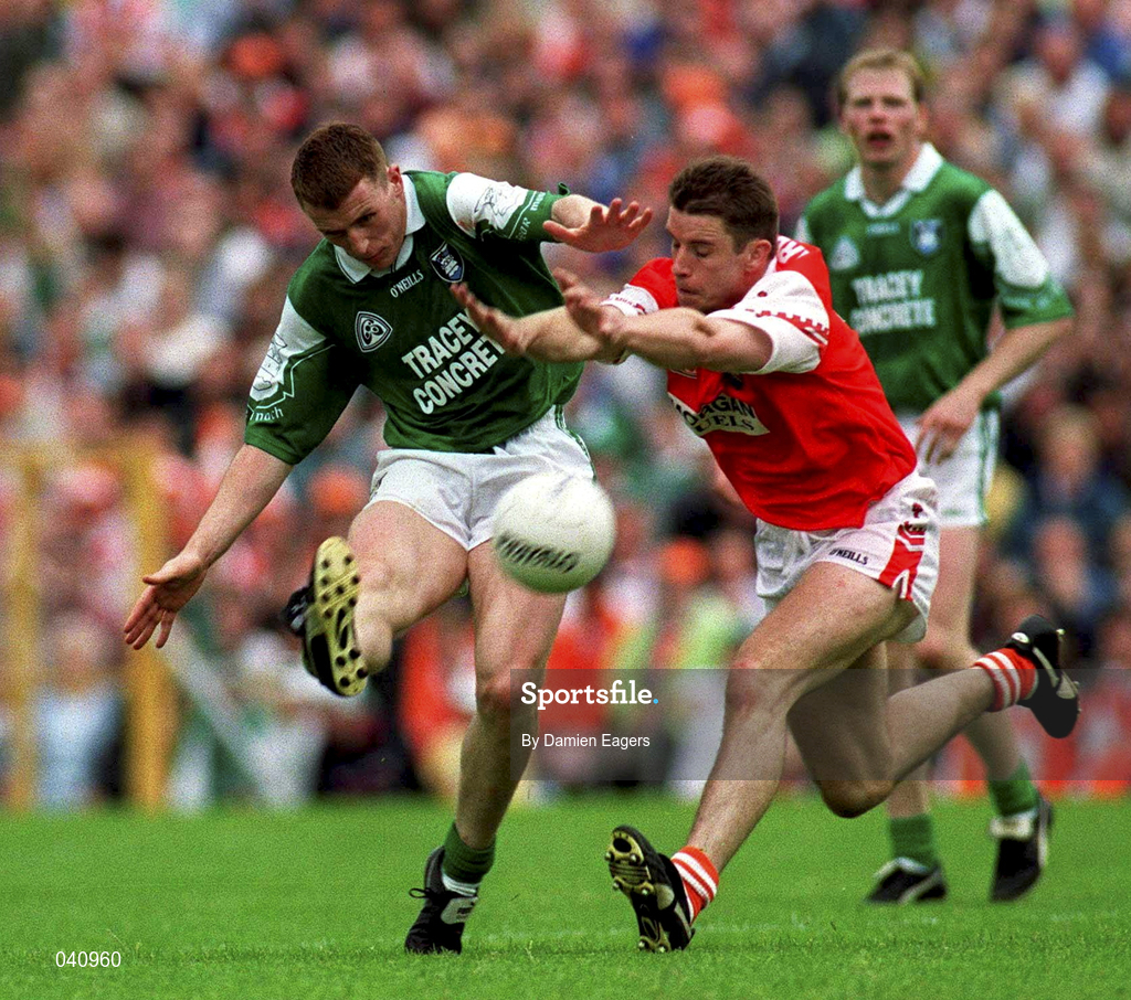 25 June 2000; Paul Brewster of Fermanagh in action against Paul McGrane of Armagh during the Bank of Ireland Ulster Senior Football Championship Semi-Final match between Armagh and Fermanagh at St Tiernach's Park in Clones, Monaghan. Photo by Damien Eagers/Sportsfile