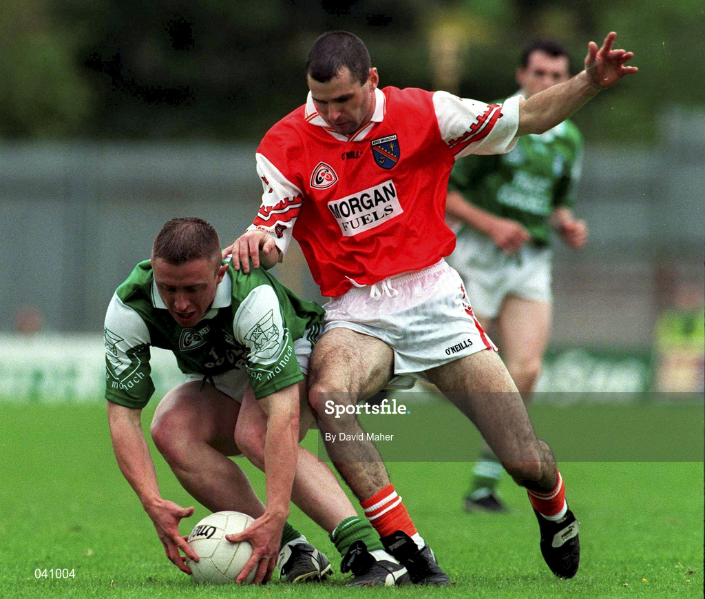 25 June 2000; Sean Burns of Fermanagh in action against Steven McDonnell of Armagh during the Bank of Ireland Ulster Senior Football Championship Semi-Final match between Armagh and Fermanagh at St Tiernach's Park in Clones, Monaghan. Photo by David Maher/Sportsfile