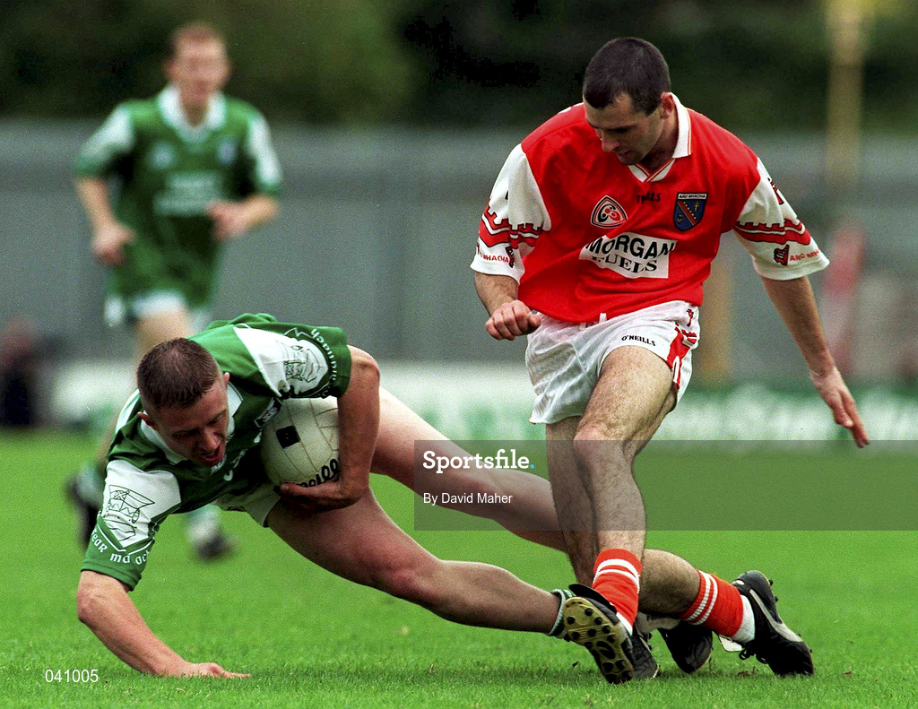 25 June 2000; Sean Burns of Fermanagh in action against Steven McDonnell of Armagh during the Bank of Ireland Ulster Senior Football Championship Semi-Final match between Armagh and Fermanagh at St Tiernach's Park in Clones, Monaghan. Photo by David Maher/Sportsfile